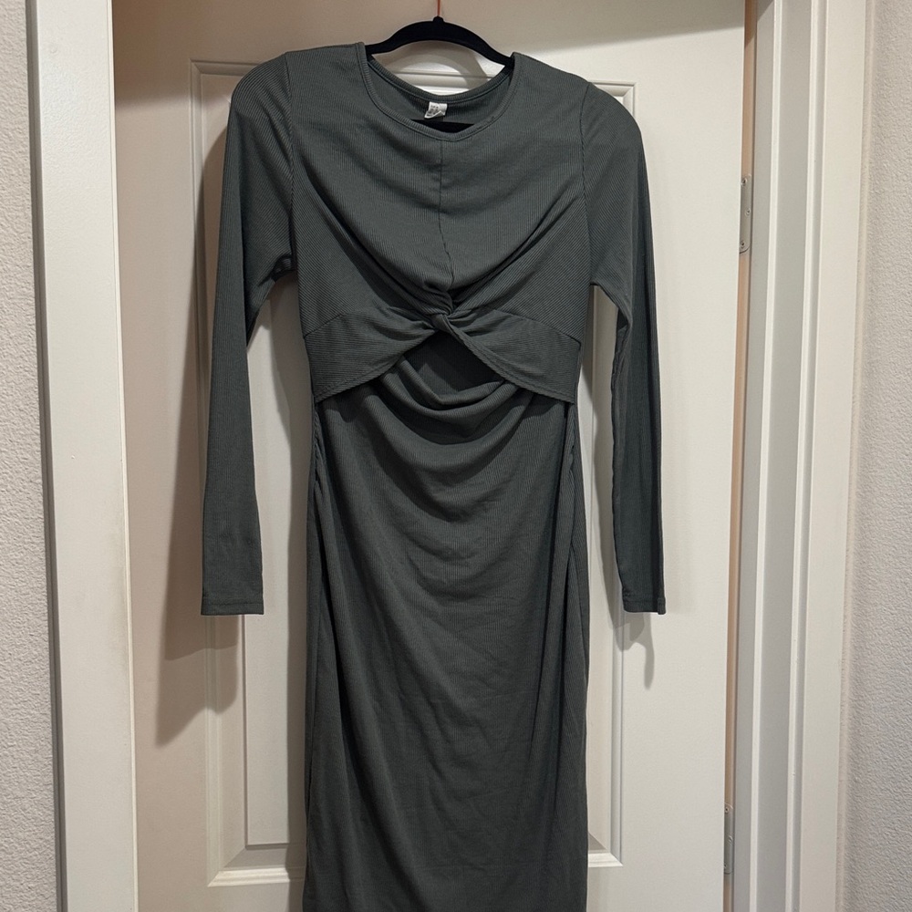 Maternity Olive Green Long Sleeve Dress w peep cutout